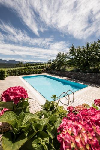 a swimming pool in a garden with pink flowers at Weingut Weidlhof - Suite & Breakfast - Vacation for wine lovers in Caldaro