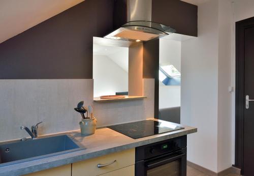 cocina con fregadero y espejo en BUGEAUD #4 - Appartement chaleureux - 4 personnes, en Brive-la-Gaillarde