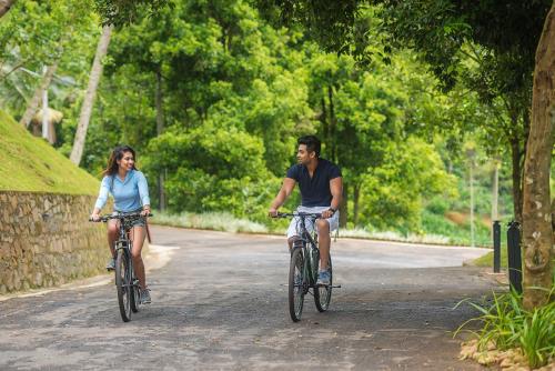 a man and woman riding bikes down a road at Simpson's Forest - Luxury Boutique Resort & Spa - Kandy in Kandy