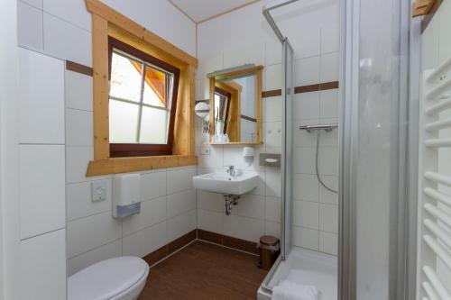 a bathroom with a toilet and a sink at Hotel & Restaurant Wilder Eber in Eberswalde-Finow