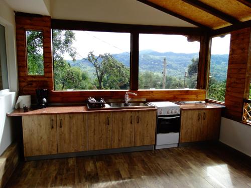 a kitchen with a sink and a large window at Casa Veche Corbeni in Corbeni