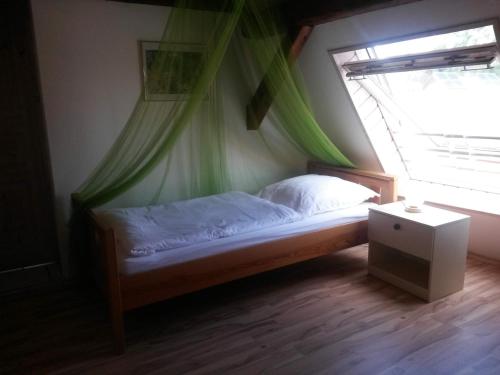 a bed with a canopy in a room with a window at Ferienwohnung Familie Faath in Bellheim