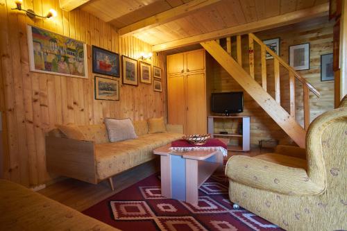 Cabaña con sala de estar con sofá y TV. en Cottage Walnut en Kolašin