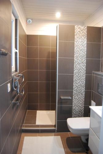 a bathroom with a shower with a toilet and a sink at Uzenabow in Wicie