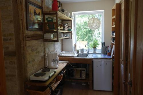 a kitchen with a counter and a sink and a window at Petersholm in Odder
