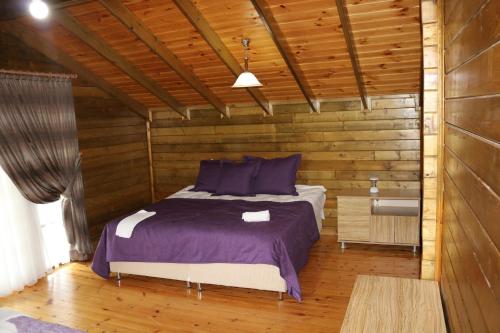 een slaapkamer met een bed in een houten hut bij Castle Nolana in Geredeli
