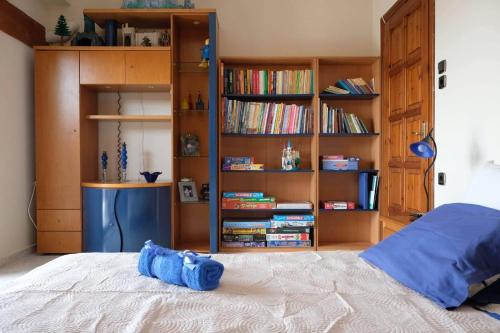 a bedroom with a bed with a book shelf at Villa Sofia in Marathos