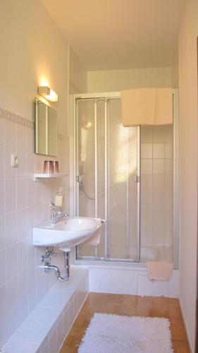 a bathroom with a sink and a shower at Landgasthof Geiersmühle in Vielbrunn