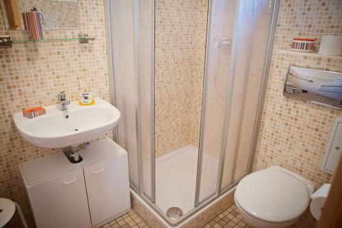 a bathroom with a shower and a sink and a toilet at Ferienwohnungen und Ferienhäuser Gohr in Stralsund