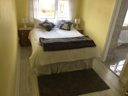 1 dormitorio con cama con almohadas y ventana en Clarendon, en Tallaght