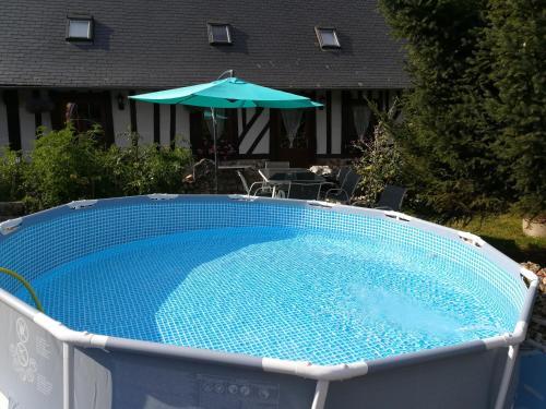 - une grande piscine avec un parasol et une table dans l'établissement Le Clos des Hortensias, à Toutainville
