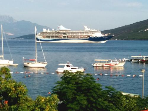 a large cruise ship in the water with boats at Blue Sea in Herceg-Novi