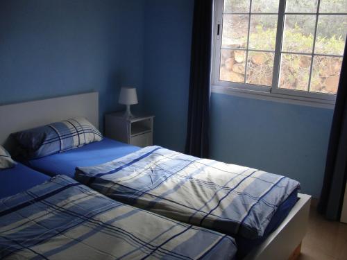 um quarto azul com 2 camas e uma janela em Finca Alexa em Arecida