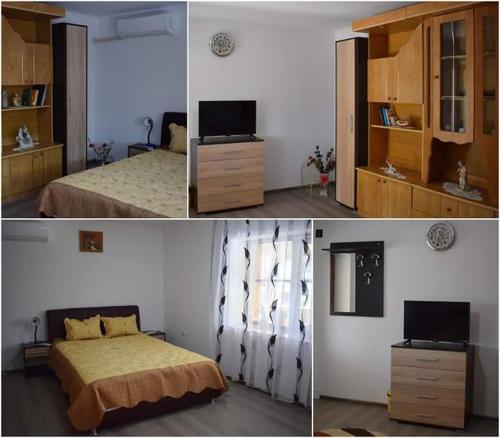 圖爾恰的住宿－Casa Maioru，卧室两张图片,配有一张床和电视