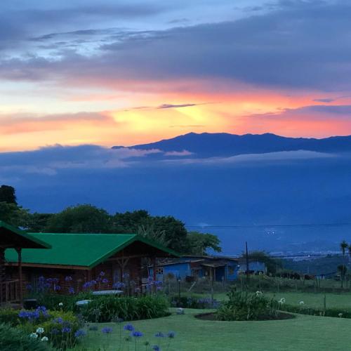a sunset over a field with a building and flowers at Grandpas Hotel & Restaurante in Cartago