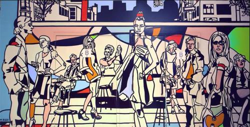 Une peinture d'un groupe de personnes dans un bus dans l'établissement Pod 51, à New York