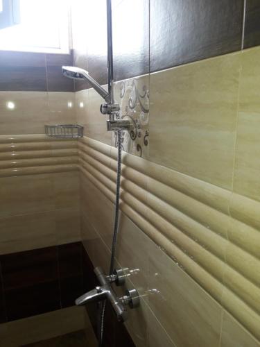 a shower with a glass door in a bathroom at Guest House Mania in Sofia