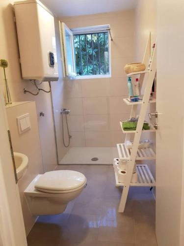 a bathroom with a white toilet and a shower at Apartment Vesna in Podaca