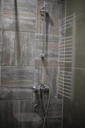 a shower in a bathroom with a wooden wall at My Grandparents House in Ohrid
