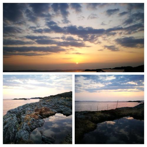 three different views of the sunset and the ocean at Kuvågen 23 in Vågenes