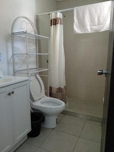 a bathroom with a white toilet and a shower at Posada San Cristobal in Cuernavaca