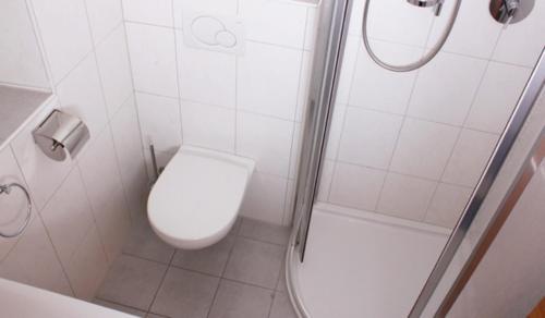 a white bathroom with a toilet and a shower at Apart Hannah in Uderns