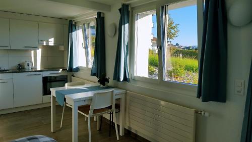 a kitchen with a table and chairs and a window at Lake View Private Studio in Richterswil