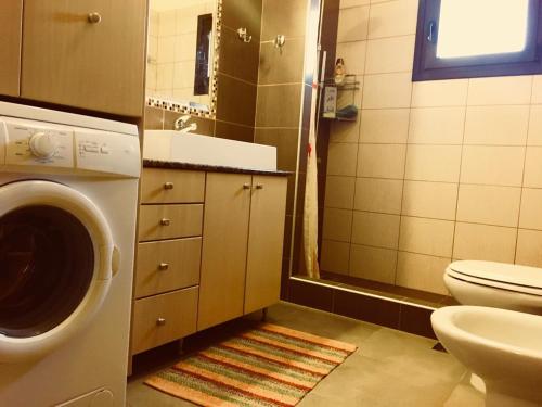 a bathroom with a washing machine and a sink at Villa Rena in Sivota