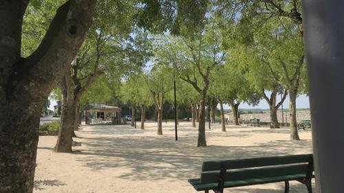 a park with a green bench and trees at Chez Clairotte in Salinelles