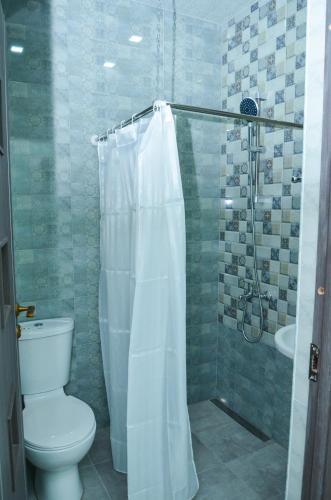 un bagno con WC e doccia con tenda da doccia di MonteBello a Goris