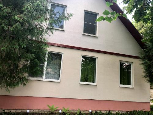 a house with four windows on the side of it at Bierini Park Studio in Riga