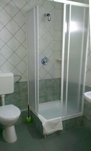 a bathroom with a shower with a toilet and a sink at Lenti Thermal Panzió in Lenti