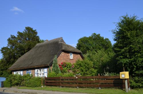 a small brick house with a thatched roof at Alte Kate mit Bau-& Zirkuswagen im Gartenidyll in Kasnevitz