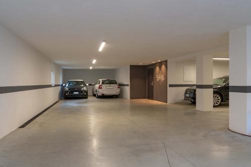 a garage with two cars parked in it at Arya Alpine Lodge in Selva di Val Gardena