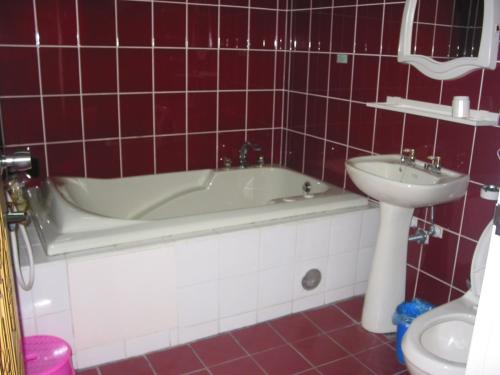een rood betegelde badkamer met een bad en een wastafel bij Lisin Village Homestay in Nanzhuang