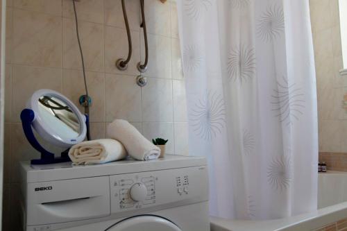 a bathroom with a washing machine and a shower curtain at Center Flat in Vis