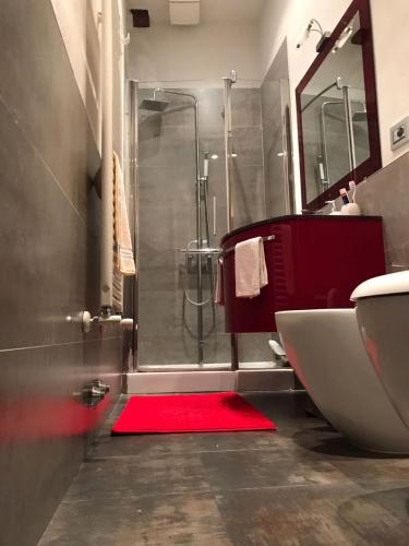 a bathroom with a shower and a red rug at Nonna Anna in Siena