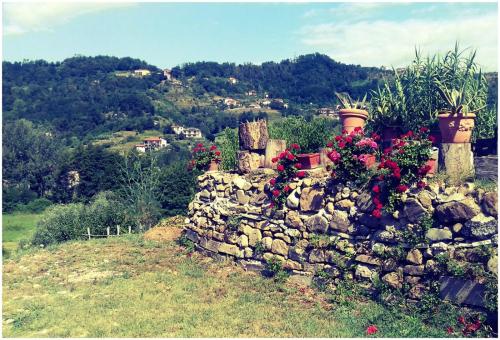a stone wall with flowers and plants on a hill at La Torretta in Beverino