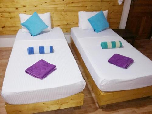 two twin beds in a room with purple and blue pillows at Fulidhoo La Perla Guest House in Fulidhoo