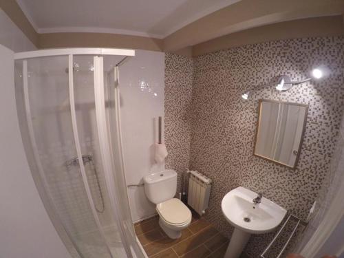 a bathroom with a shower and a toilet and a sink at La Posada de Granda in Cuenco