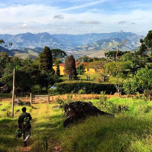 サン・ベント・ド・サプカイーにあるHospedaria Vida na Roçaの山々の景色を眺めながら野原を歩く男性