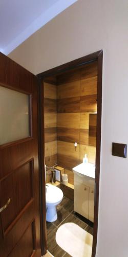 a bathroom with a toilet and a sink at Pokoje Gościnne Polo in Częstochowa