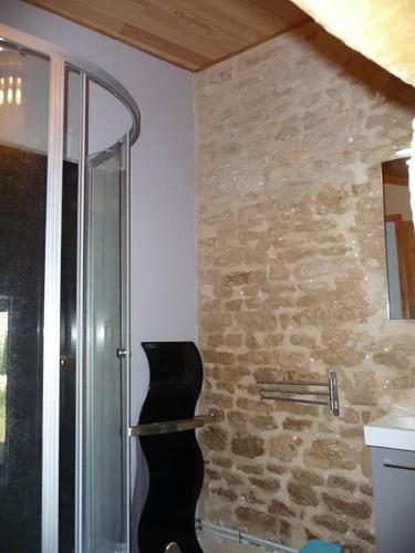La salle de bains est pourvue d'une douche en verre avec une guitare noire. dans l'établissement Le Haut Fontaine : minis maisons de charme, à Saint-Georges-lès-Baillargeaux
