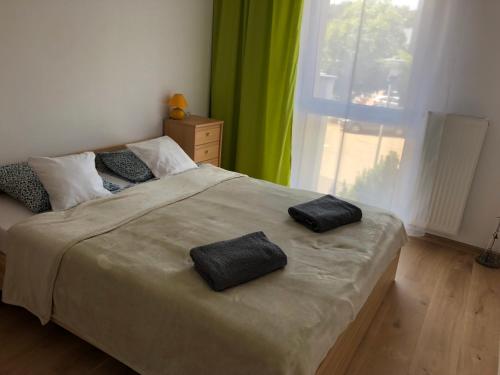 a bedroom with a bed with two black pillows on it at Apartament W KWIATKI:) Pogorzelica in Pogorzelica