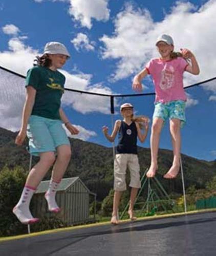 two young children jumping on a trampoline at Smiths Farm Holiday Park in Linkwater