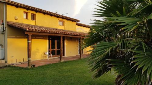Massama的住宿－Affittacamere Luti，一座黄色房子,前面有一棵棕榈树
