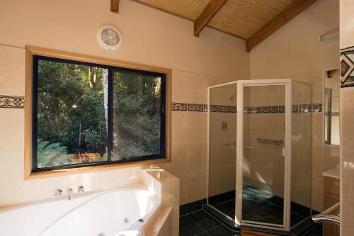 Springbrook Lyrebird Retreat في سبرنغبروك: حمام مع حوض استحمام ودش ونافذة