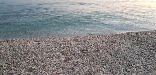 an overhead view of a rocky beach with the water at eVita Fazana Premium Studio Apartments in Fažana
