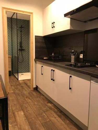 una cucina con armadi bianchi e una doccia in vetro di Appartement chic proche de la mer a Bastia