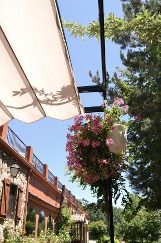 an umbrella and a basket of flowers in front of a building at Hospedium Hostal Almanzor in Navarredonda de Gredos
